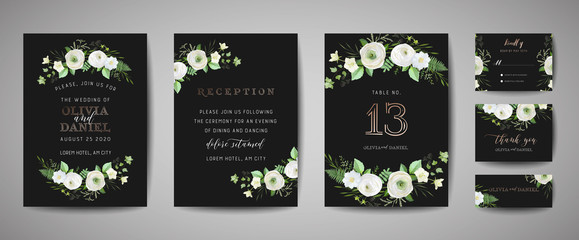 Set of Wedding Invitation, floral invite, thank you, rsvp rustic card design with gold foil decoration. Vector elegant modern template, trendy cover, graphic poster, retro brochure, design template