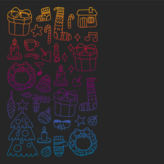 Vector set of Christmas, holiday icons in doodle style. Painted, colorful, gradient pictures on a piece of paper on blackboard.