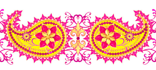 3d rendering. Golden stylized flowers, delicate shiny curls, paisley element, seamless pattern. Oriental style arabesques. Brilliant lace, Indian cucumber.