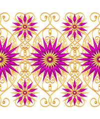 Seamless pattern. Golden textured curls. Oriental style arabesques. Brilliant lace, stylized flowers. Openwork weaving delicate, golden background.