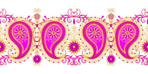 3d rendering. Golden stylized flowers, delicate shiny curls, paisley element, seamless pattern. Oriental style arabesques. Brilliant lace, Indian cucumber.