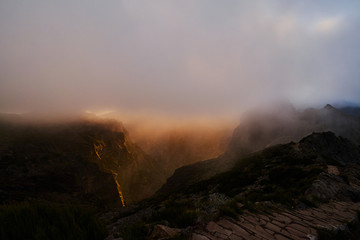 Sunset on mountain with gold sky, pico de arieiro, Madeira