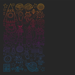 Vector set of space elements icons in doodle style. Painted, colorful, gradient pictures on a piece of paper on blackboard.