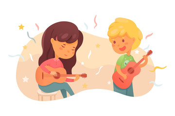 Obraz na płótnie Canvas Children playing guitars flat vector illustration