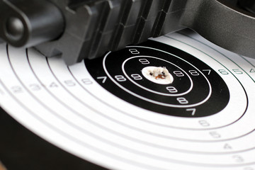 Black pistol gun with target on the metal grunge background.