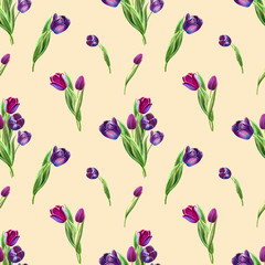 Seamless pattern from beautiful black tulips. Floral collection. Marker drawing. Watercolor painting. Floral composition of design elements. Greeting card. Painted background. Hand drawn illustration.