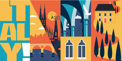 Fototapeta premium Tourism in Italy vector banner, illustration. Cityscape, landmarks in modern flat design style