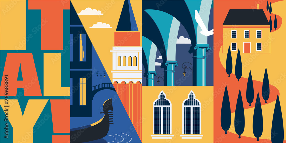 Sticker travel to italy vector banner, illustration. city skyline, historical buildings