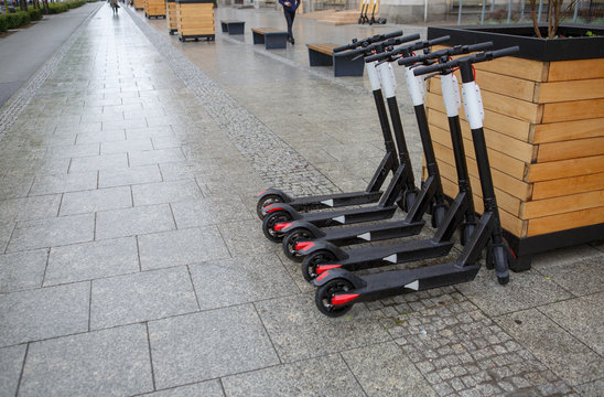 Electric scooters ready for rent. City transport.