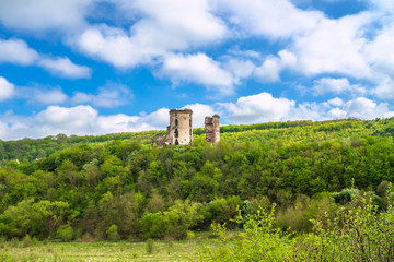 Fototapeta na wymiar Ruined Chervonohrad Castle. Ruins of towers among the mountain forest