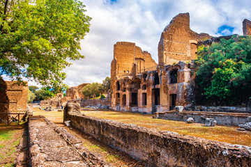 The Ninfeo stadium ruins in Villa Adriana of Hadrians Villa archaeological site of UNESCO in Tivoli...