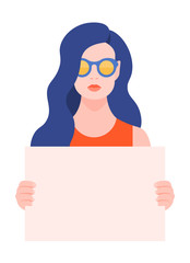 European woman holding a blank poster without text. Protest and protection of rights. Meeting and demonstration. Vector flat illustration