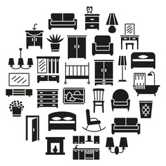 Furniture silhouette linear icons sale banner set in circle