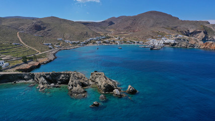 Aerial drone photo of Karavostasis picturesque main port of Folegandros island featuring sandy...