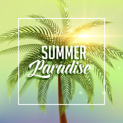 Obraz premium summer paradise poster with palm tree and sun light