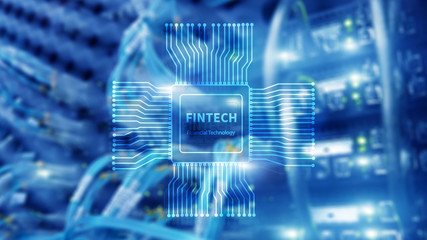 Fintech icon on abstract financial technology background. Cpu icon on server room data center blurred background.