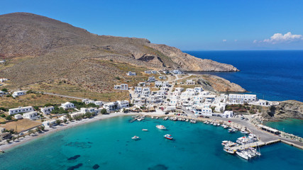 Fototapeta na wymiar Aerial drone photo of Karavostasis picturesque main port of Folegandros island featuring sandy pebble beach, Cyclades, Greece