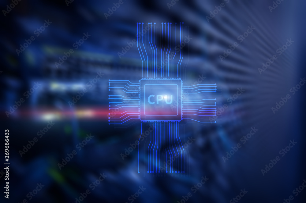 Poster blue glowing futuristic cpu in the center of computer system