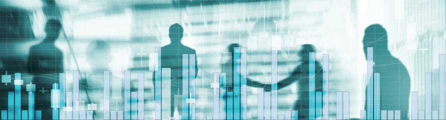 Silhouettes of Business People. Stock Market Graph and Bar Candlestick Chart.