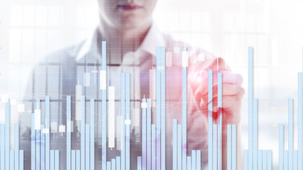 Silhouettes of Business People. Stock Market Graph and Bar Candlestick Chart.