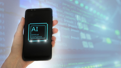 Female hand holds the phone, on the screen the inscription: artificial intelligence. icon hologram 3D on server room background.