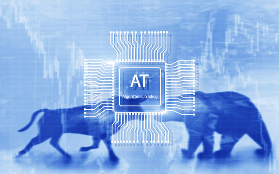 Algorithmic trading. Investment and Trading Concept. Bull and bear background.