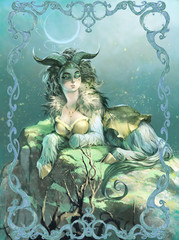 Original digital illustration of a beautiful, elegant capricorn zodiac as a goat woman creature  with a moon symbol between her horns 