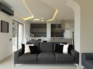 interiors shots of a modern apartment in the foreground the gray fabric sofa in the background the dining table and the kitchen