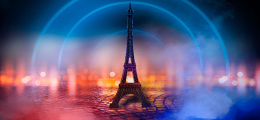 Night scene, wet asphalt and eiffel tower. Night view, neon lights, rays and light lines. Smoke,...