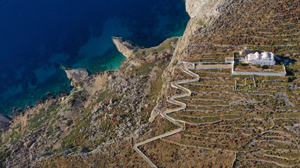 Aerial drone photo of picturesque uphill church of Panagia (Virgin Mary) with stunning views to...