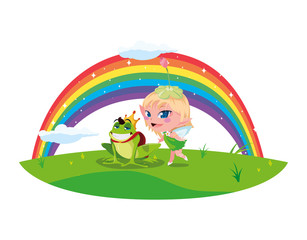 Obraz na płótnie Canvas beautiful magic fairy with toad prince and rainbow