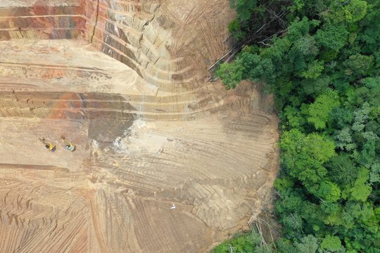 Logging. Aerial drone view of deforestation environmental problem. Rainforest in Malaysia