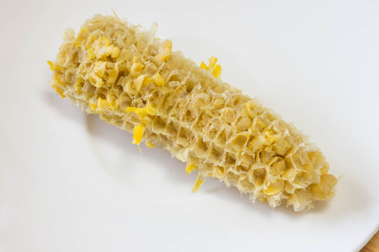 Bare Corn Cob Of A Boiled Sweet Yellow Corn After Eating In A White Saucer Plate. Close Up Shot. 