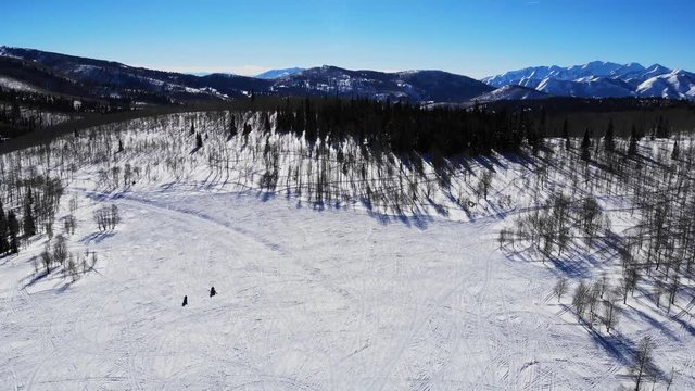 Drone Shoots Motor Sledges On The Snow Driving Fast. Picturesque high aerial shot done in Heber Valley as family has fun by driving motor sleds on snowy lawn ahead the forest.