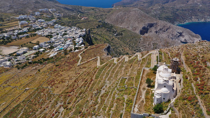 Aerial drone photo of iconic and picturesque main village (chora) of Folegandros island featuring...