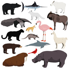 Big animal collection. Vector set of wild animals, birds, fish. Isolated on white background.