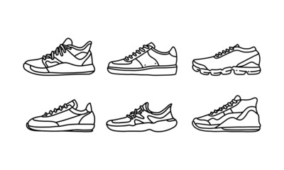 Set of sports and lifestyles shoes, sneaker vector hand drawn collection, shoe lineart icon. new shoe illustration for sport & branding design element