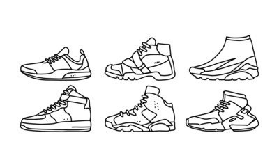 Set of sports and lifestyles shoes, sneaker vector hand drawn collection, shoe lineart icon. new shoe illustration for sport & branding design element