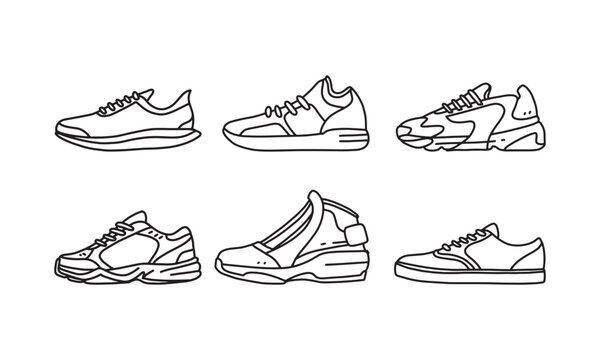 Set of sports and lifestyles shoes, sneaker vector hand drawn collection, shoe lineart icon. new shoe illustration for sport & branding design element
