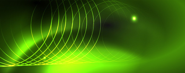 Shiny neon techno template. Neon lines background, 80s style laser rays