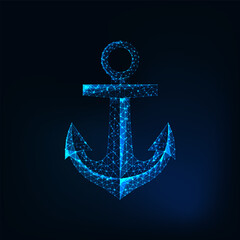 Futuristic glowing low polygonal anchor icon isolated on dark blue background. © Inna