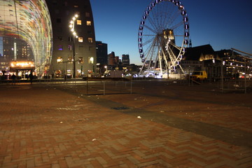 autumn central square of the rotterdam market seen in the evening, when the metropolis is empty and...