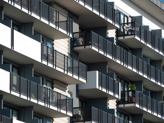 Balconies of modern apartments. Docklands, Melbourne, VIC Australia.