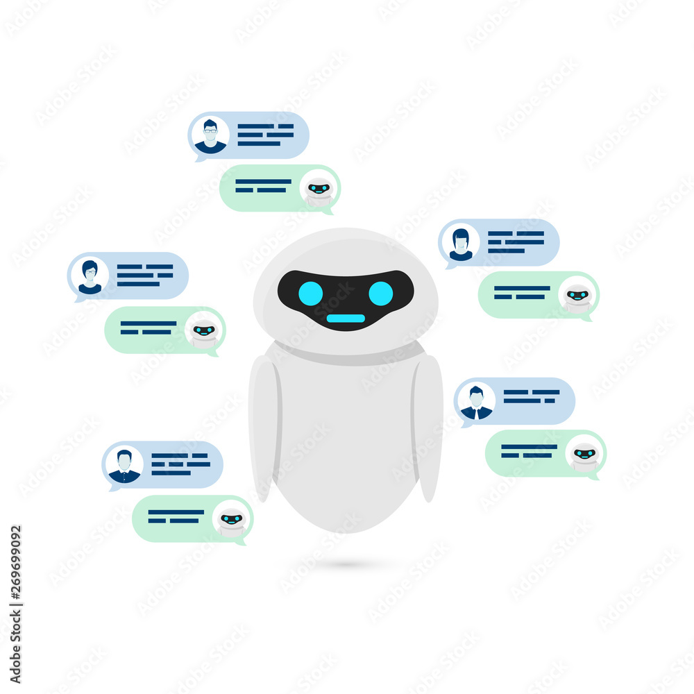 Poster chatbot concept. bot or robot give answer for user quastion. vector illustration