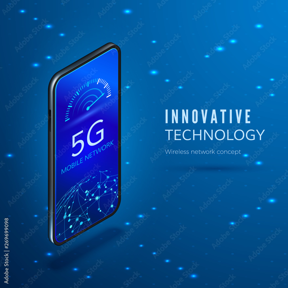 Aufkleber 5g concept. fifth generation mobile wireless network isometric banner. smartphone with arrow moving 