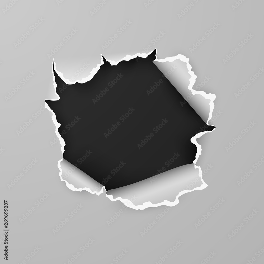 Poster torn hole in sheet of paper with black background with space for text. vector illustration