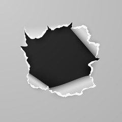Torn hole in sheet of paper with black background with space for text. Vector illustration