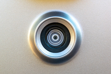 Macro close-up of a small digital camera, part of a camera image distance vision safety system on a modern remote controlled quadcopter drone.