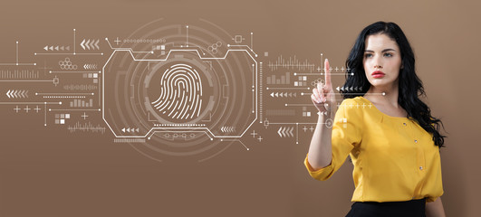 Fingerprint scanning theme with business woman on a brown background