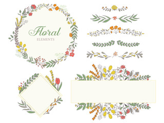 Hand drawn floral decoration elements, illustrations, frame, dividers, banners collection.